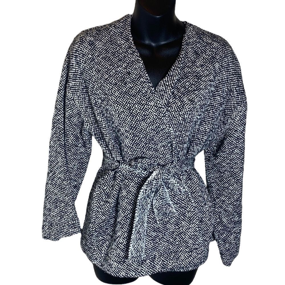 Eileen fisher black/white tweed 3/4 sleeve open front belted cardigan petite med
